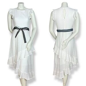 Lenon Dress Ruffle Asymmetrical Women White Summer Black Trim Lace Eyelet Small